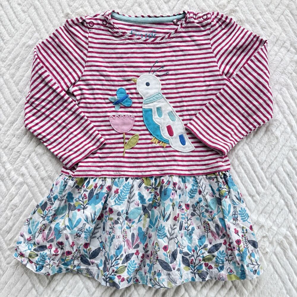 Frugi Girls Size 2-3Y Bird Applique Striped Floral Organic Cotton Lined Dress